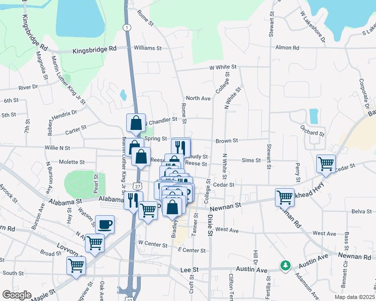 map of restaurants, bars, coffee shops, grocery stores, and more near 20 East Reese Street in Carrollton