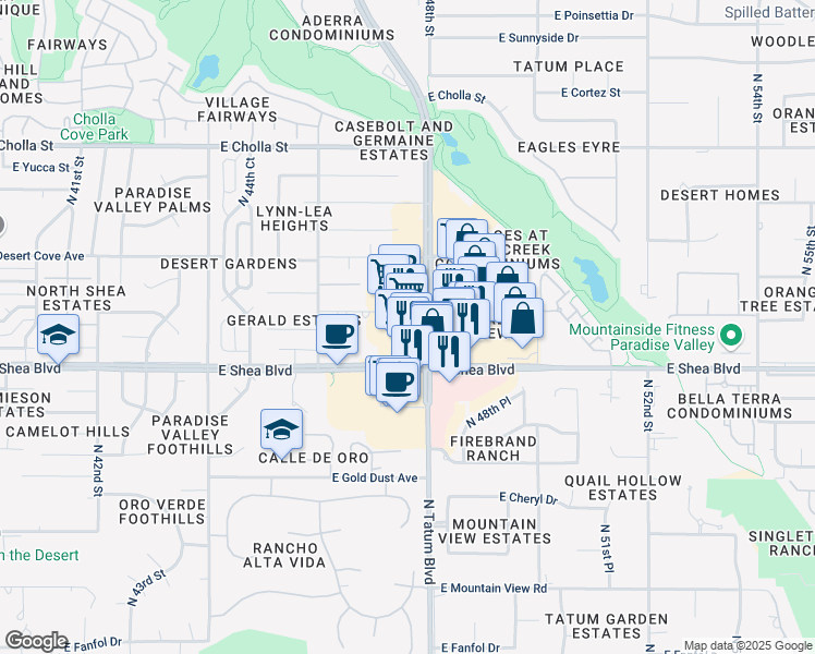 map of restaurants, bars, coffee shops, grocery stores, and more near 10810 North Tatum Boulevard in Phoenix