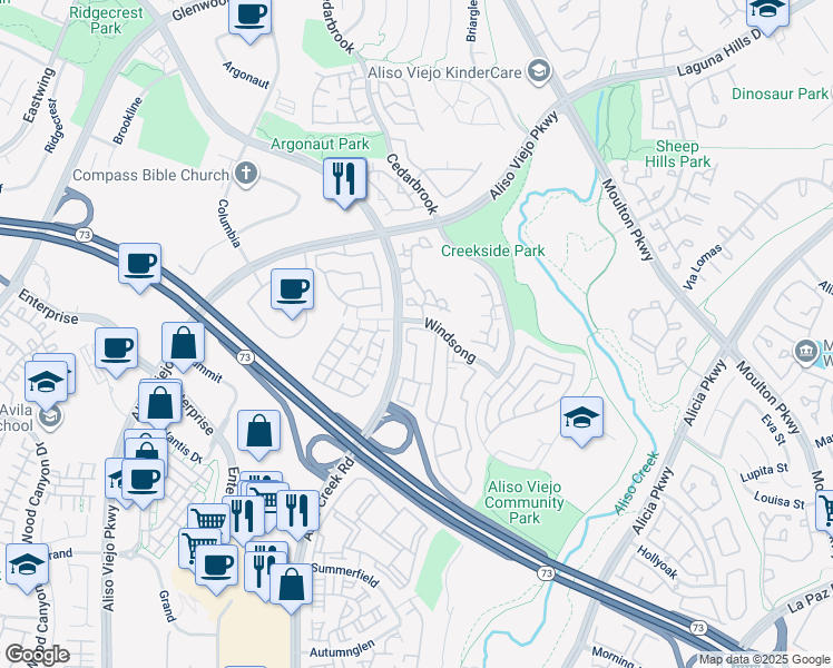 map of restaurants, bars, coffee shops, grocery stores, and more near 23592 Windsong in Aliso Viejo