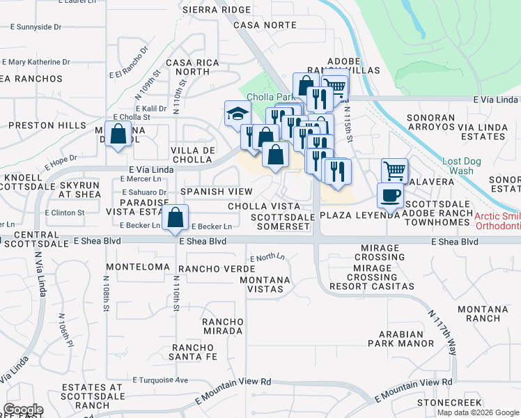 map of restaurants, bars, coffee shops, grocery stores, and more near 10708 North 113th Street in Scottsdale