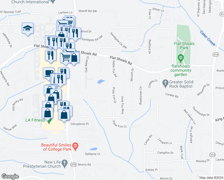 map of restaurants, bars, coffee shops, grocery stores, and more near 6285 Polar Fox Court in Riverdale