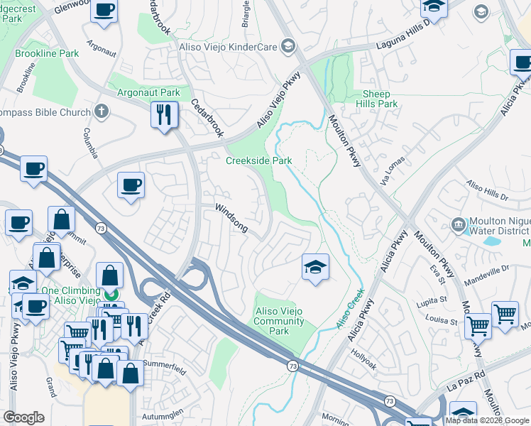 map of restaurants, bars, coffee shops, grocery stores, and more near 84 Cloudcrest in Aliso Viejo