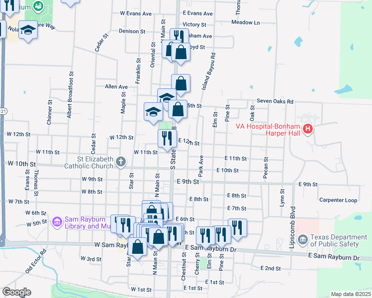 map of restaurants, bars, coffee shops, grocery stores, and more near 1105 Chestnut Street in Bonham