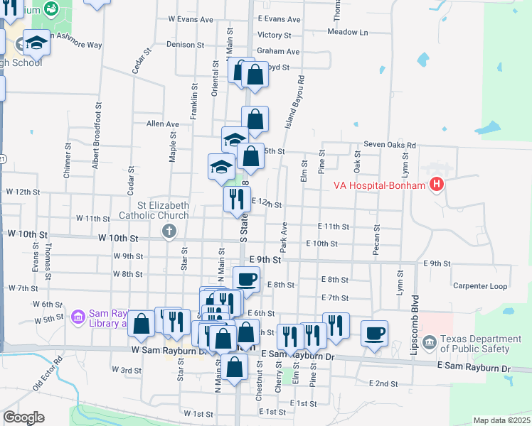 map of restaurants, bars, coffee shops, grocery stores, and more near 1105 Chestnut Street in Bonham