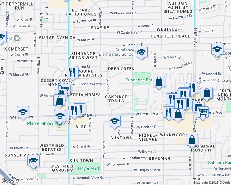 map of restaurants, bars, coffee shops, grocery stores, and more near 7142 West Sahuaro Drive in Peoria