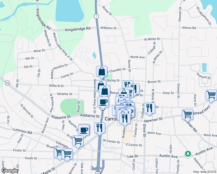 map of restaurants, bars, coffee shops, grocery stores, and more near 418 North Cliff Street in Carrollton