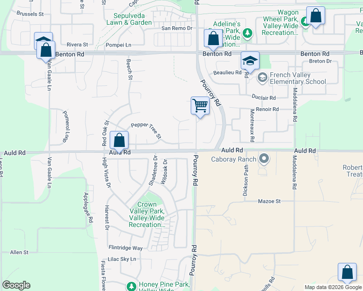 map of restaurants, bars, coffee shops, grocery stores, and more near 31923 Pepper Tree Street in Winchester