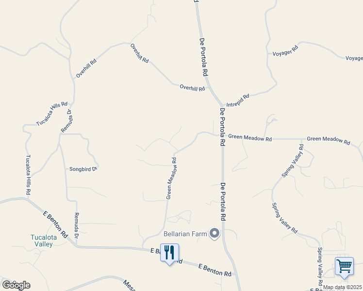 map of restaurants, bars, coffee shops, grocery stores, and more near 38798 Green Meadow Road in Temecula