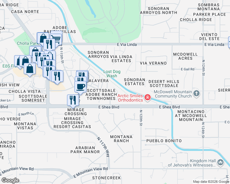 map of restaurants, bars, coffee shops, grocery stores, and more near 10723 North 118th Way in Scottsdale