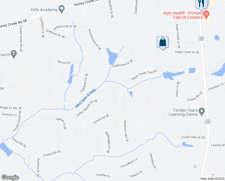 map of restaurants, bars, coffee shops, grocery stores, and more near 585 Sugar Valley Trail Southeast in Conyers