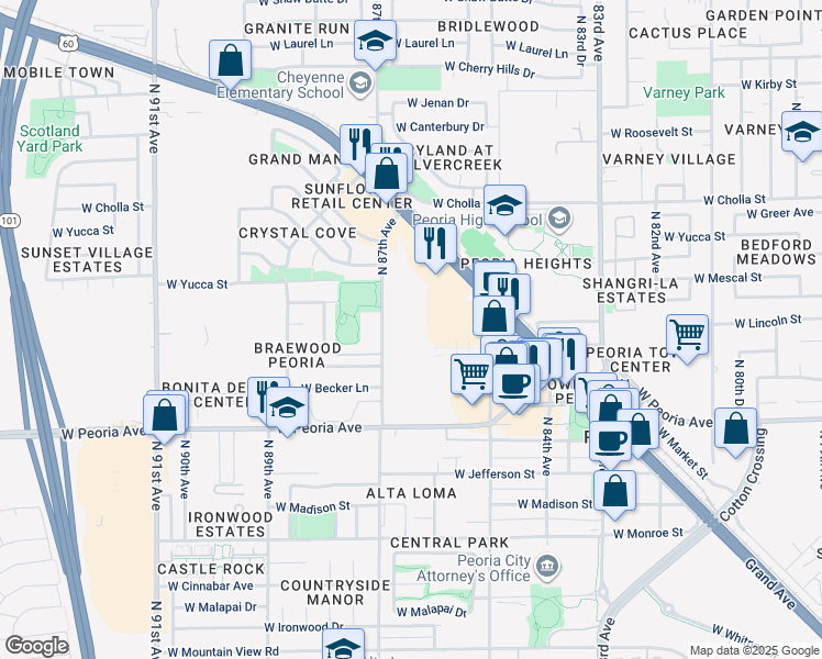 map of restaurants, bars, coffee shops, grocery stores, and more near 11039 North 87th Avenue in Peoria