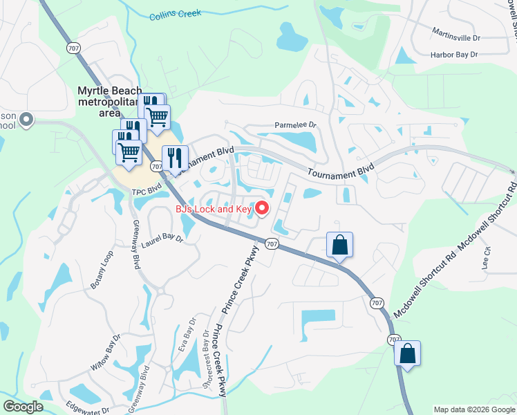 map of restaurants, bars, coffee shops, grocery stores, and more near 149 Wimbledon Way in Murrells Inlet