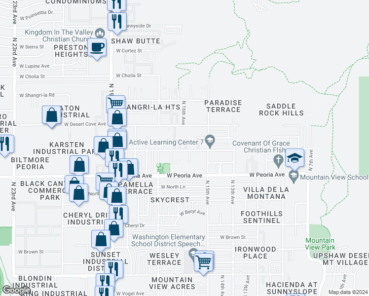 map of restaurants, bars, coffee shops, grocery stores, and more near 1510 West Becker Lane in Phoenix
