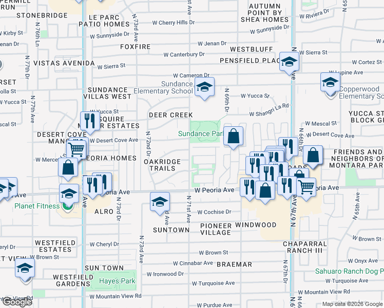 map of restaurants, bars, coffee shops, grocery stores, and more near 7111 West Sahuaro Drive in Peoria