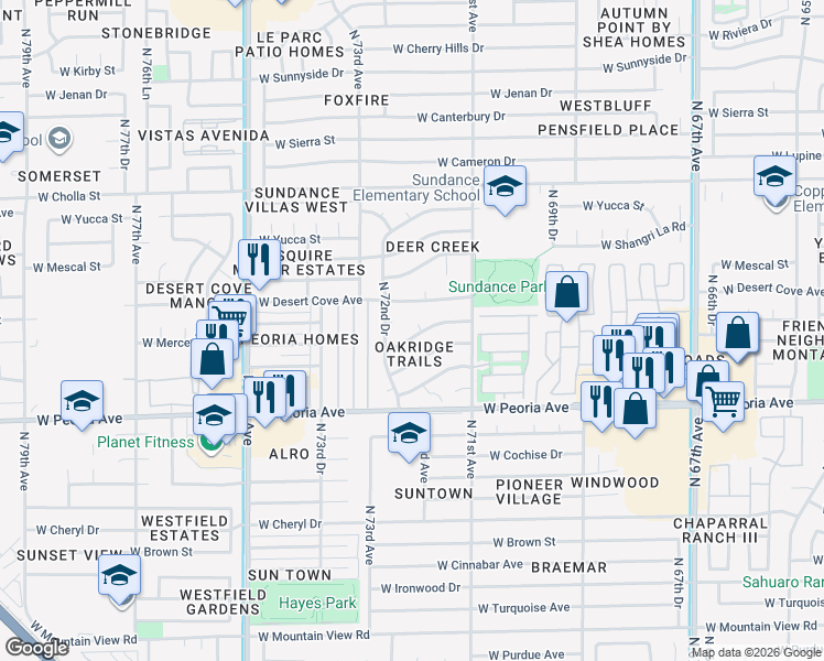 map of restaurants, bars, coffee shops, grocery stores, and more near 7142 West Sahuaro Drive in Peoria