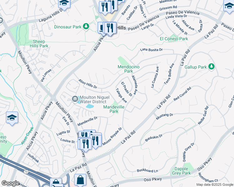 map of restaurants, bars, coffee shops, grocery stores, and more near 26131 Talega Avenue in Laguna Hills