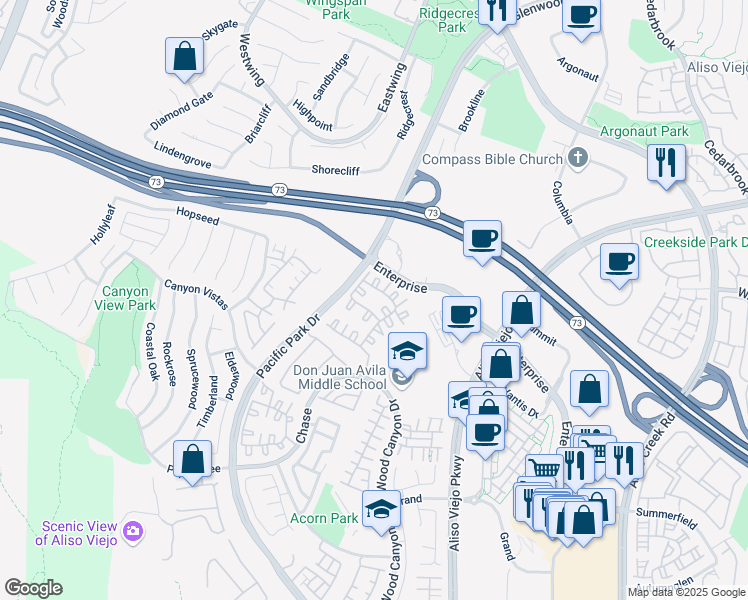 map of restaurants, bars, coffee shops, grocery stores, and more near 2 Enterprise in Aliso Viejo
