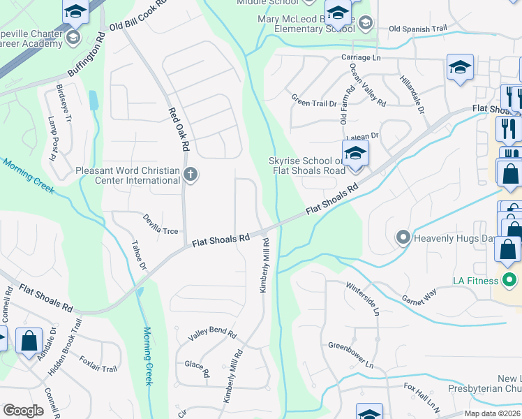 map of restaurants, bars, coffee shops, grocery stores, and more near 6280 Kimberly Mill Road in College Park