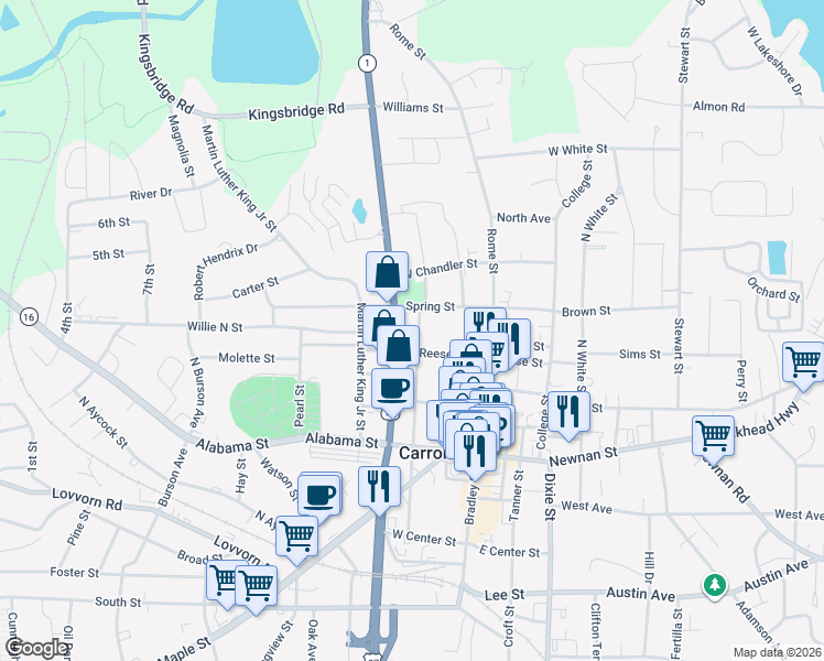 map of restaurants, bars, coffee shops, grocery stores, and more near 418 North Cliff Street in Carrollton