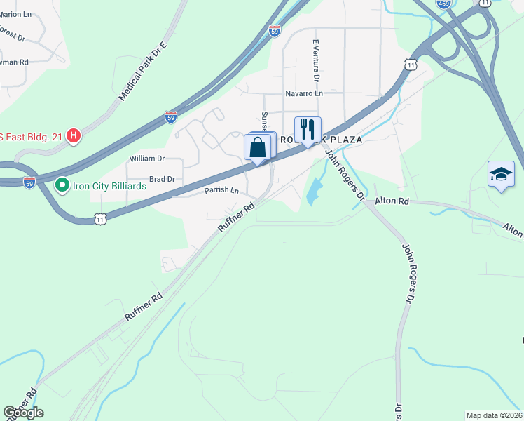 map of restaurants, bars, coffee shops, grocery stores, and more near 1009 Parrish Lane in Birmingham