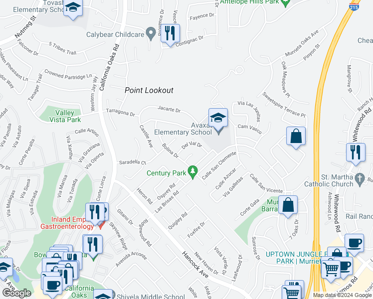 map of restaurants, bars, coffee shops, grocery stores, and more near 39698 Del Val Drive in Murrieta