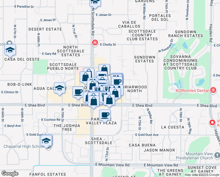 map of restaurants, bars, coffee shops, grocery stores, and more near 10653 North Scottsdale Road in Scottsdale