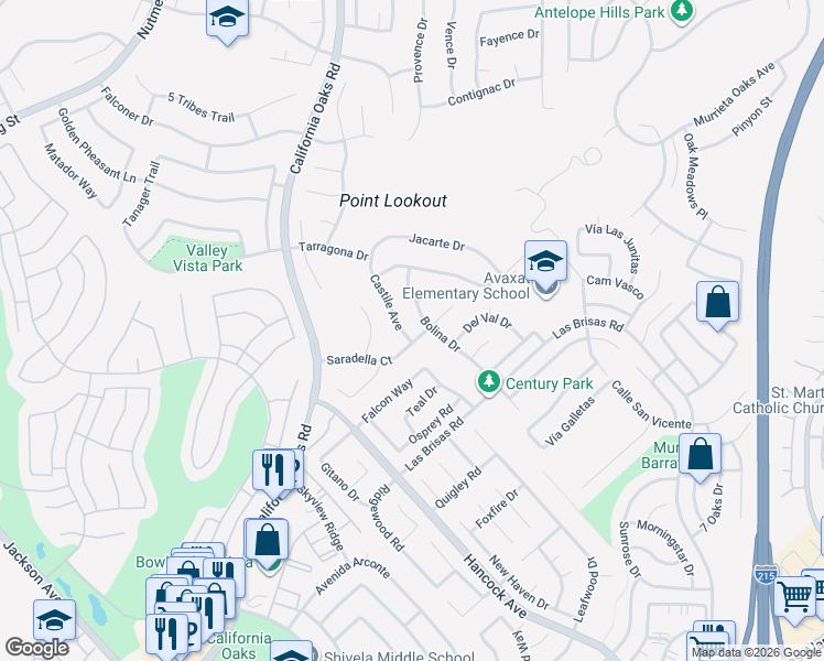 map of restaurants, bars, coffee shops, grocery stores, and more near 39872 Castile Avenue in Murrieta