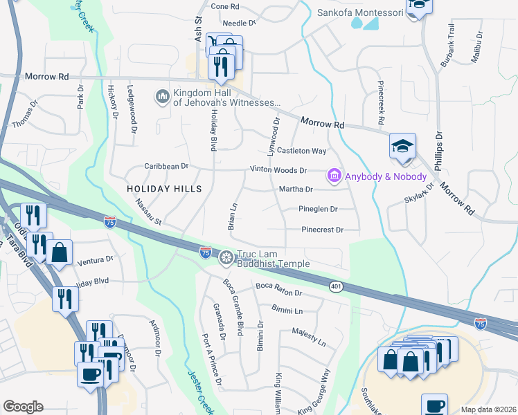 map of restaurants, bars, coffee shops, grocery stores, and more near 878 Pineglen Cove in Forest Park