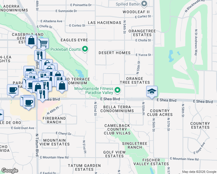 map of restaurants, bars, coffee shops, grocery stores, and more near 5321 East Sahuaro Drive in Scottsdale