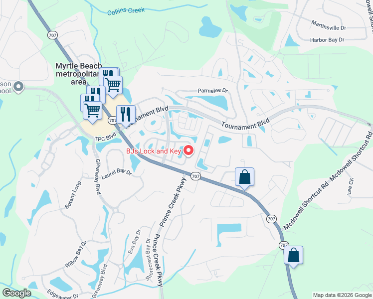 map of restaurants, bars, coffee shops, grocery stores, and more near 149 Wimbledon Way in Murrells Inlet