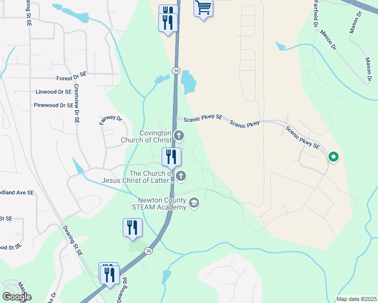map of restaurants, bars, coffee shops, grocery stores, and more near 165 Rockingham Drive in Covington