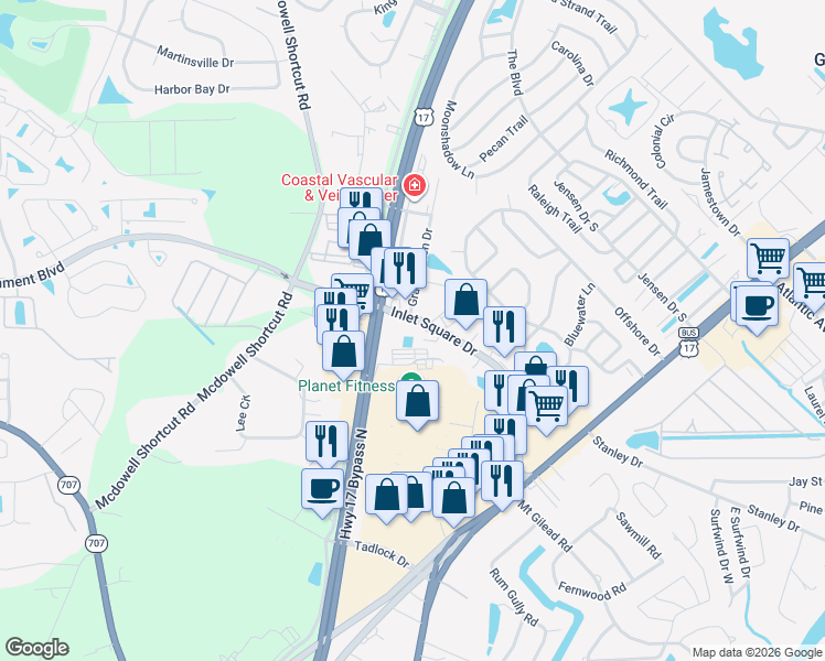 map of restaurants, bars, coffee shops, grocery stores, and more near 12053 Frontage Rd in Murrells Inlet