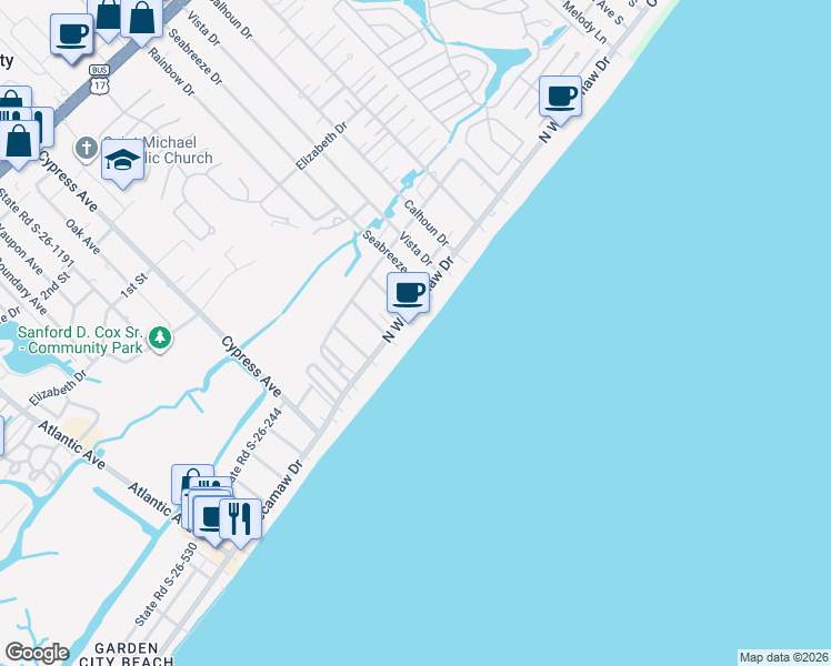 map of restaurants, bars, coffee shops, grocery stores, and more near 1000 North Waccamaw Drive in Murrells Inlet