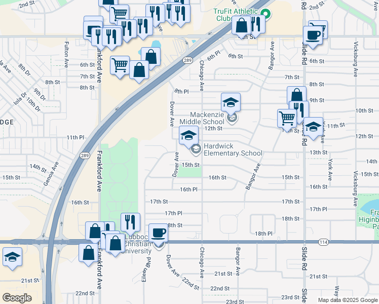 map of restaurants, bars, coffee shops, grocery stores, and more near 1420 Chicago Avenue in Lubbock