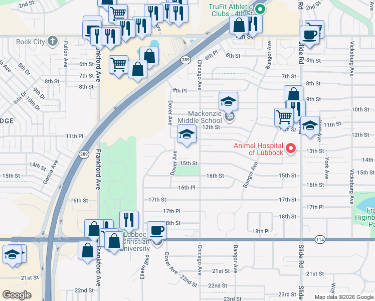 map of restaurants, bars, coffee shops, grocery stores, and more near 1420 Chicago Avenue in Lubbock