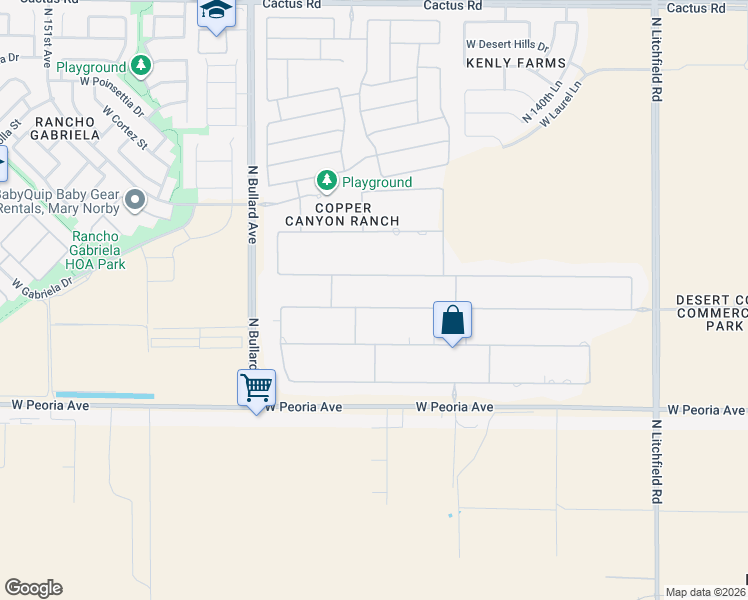 map of restaurants, bars, coffee shops, grocery stores, and more near 14408 West Desert Cove Road in Surprise