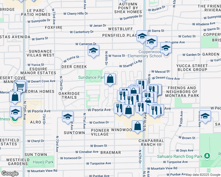 map of restaurants, bars, coffee shops, grocery stores, and more near 6960 West Peoria Avenue in Peoria
