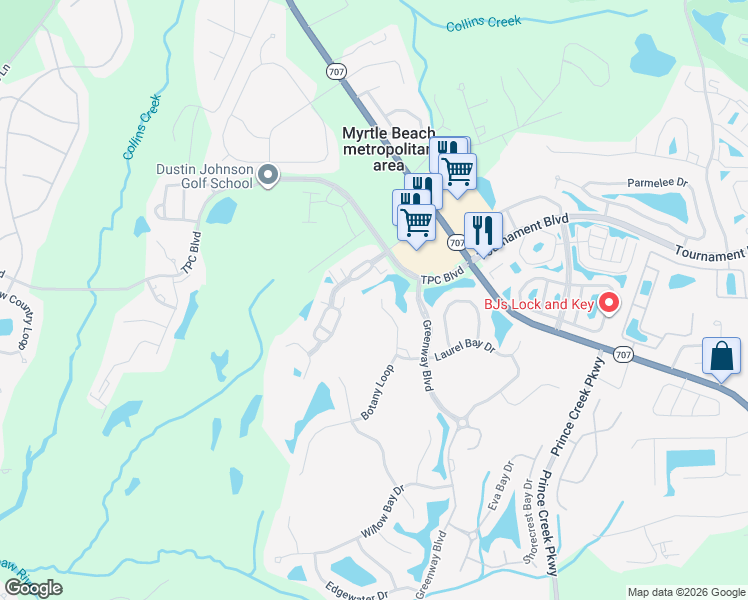 map of restaurants, bars, coffee shops, grocery stores, and more near 783 Botany Loop in Murrells Inlet