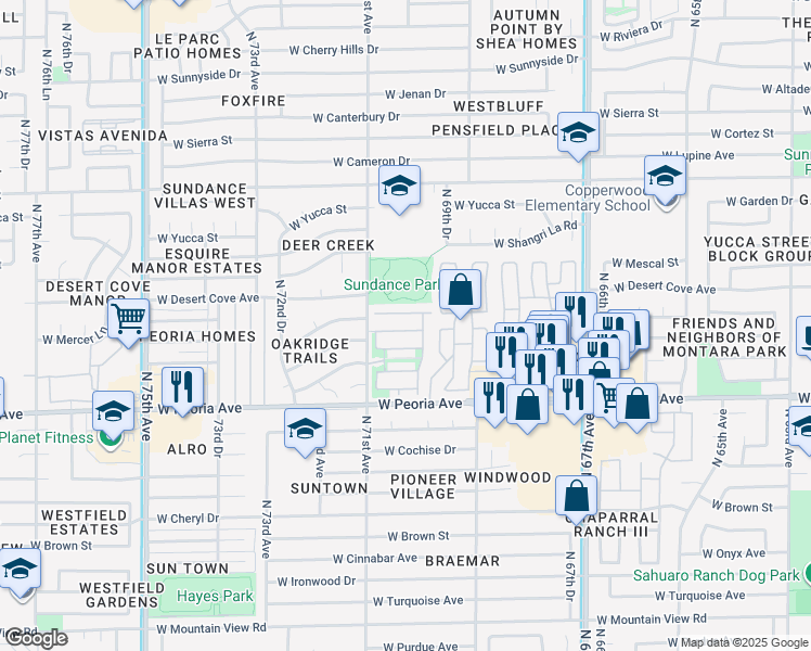map of restaurants, bars, coffee shops, grocery stores, and more near 7036 Downspell Drive in Peoria