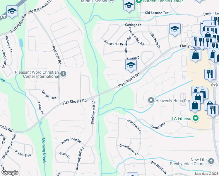 map of restaurants, bars, coffee shops, grocery stores, and more near 3005 Flat Shoals Road in Atlanta