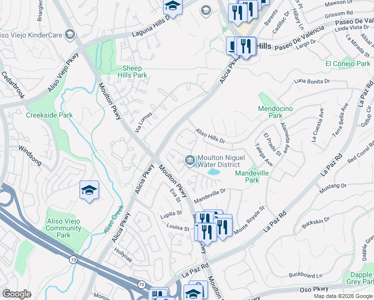 map of restaurants, bars, coffee shops, grocery stores, and more near 24404 Eastview Road in Laguna Hills