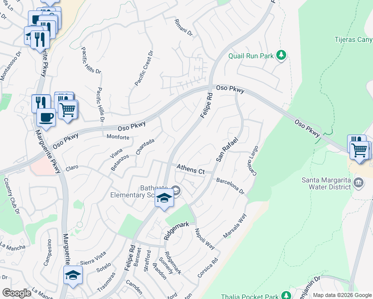 map of restaurants, bars, coffee shops, grocery stores, and more near 26032 Ravenna Road in Mission Viejo