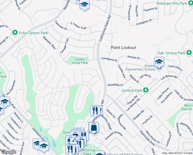 map of restaurants, bars, coffee shops, grocery stores, and more near 39946 Vía Graziana in Murrieta