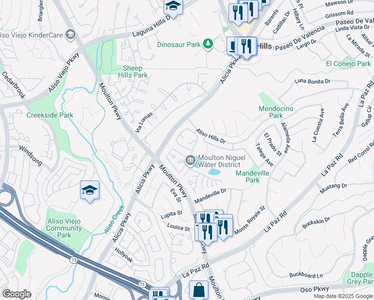 map of restaurants, bars, coffee shops, grocery stores, and more near 24404 Eastview Road in Laguna Hills