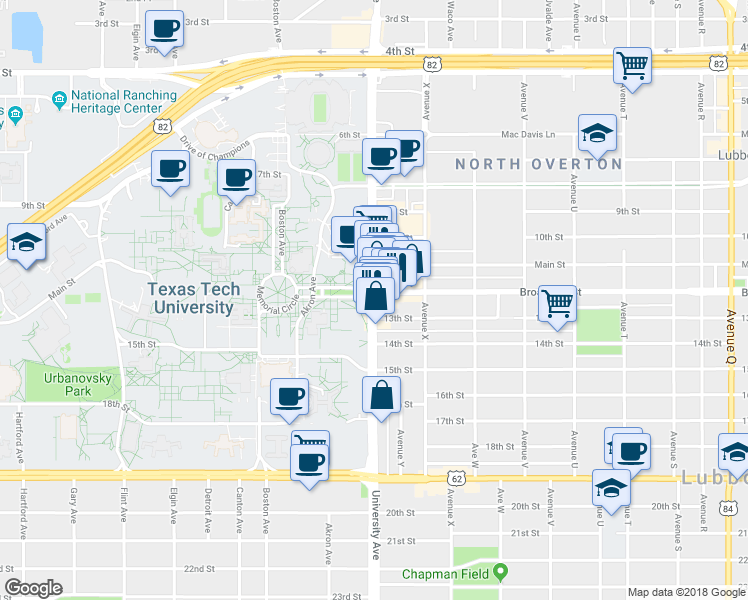 map of restaurants, bars, coffee shops, grocery stores, and more near University Avenue in Lubbock