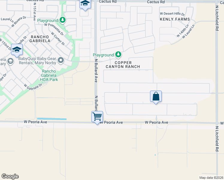 map of restaurants, bars, coffee shops, grocery stores, and more near 14575 West Desert Cove Road in Surprise