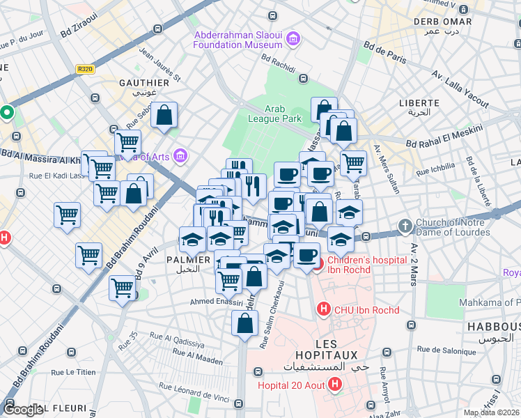 map of restaurants, bars, coffee shops, grocery stores, and more near 69 Rue Othmane Ibn Affane in Casablanca