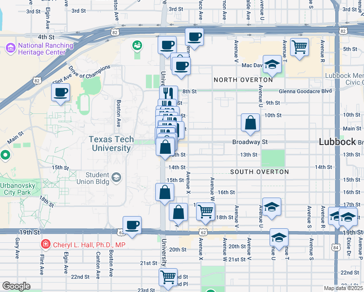 map of restaurants, bars, coffee shops, grocery stores, and more near 2413 13th Street in Lubbock