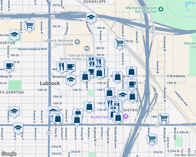 map of restaurants, bars, coffee shops, grocery stores, and more near 1101 13th Street in Lubbock