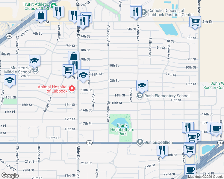 map of restaurants, bars, coffee shops, grocery stores, and more near 4822 14th Street in Lubbock